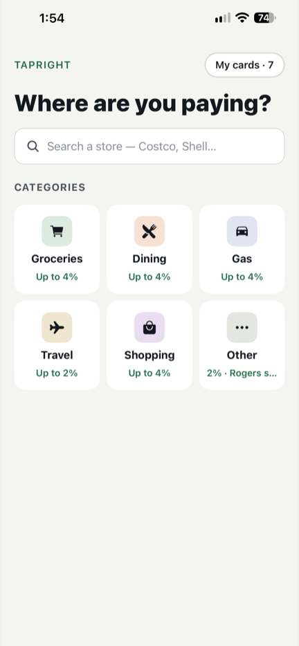 TapRight home screen: Where are you paying?, with category tiles